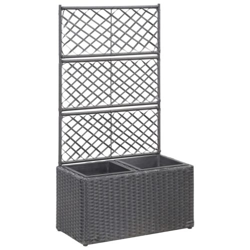 Fekete rácsos polyrattan magaságyás 2 kaspóval 58 x 30 x 107 cm